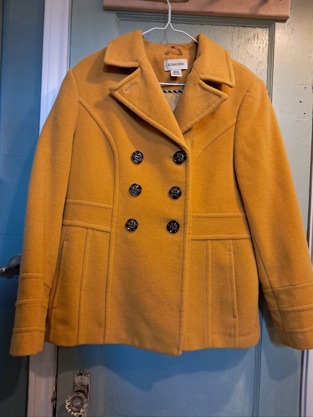 St. John's Bay Women's Mustard Yellow Double-Breasted Pea Coat